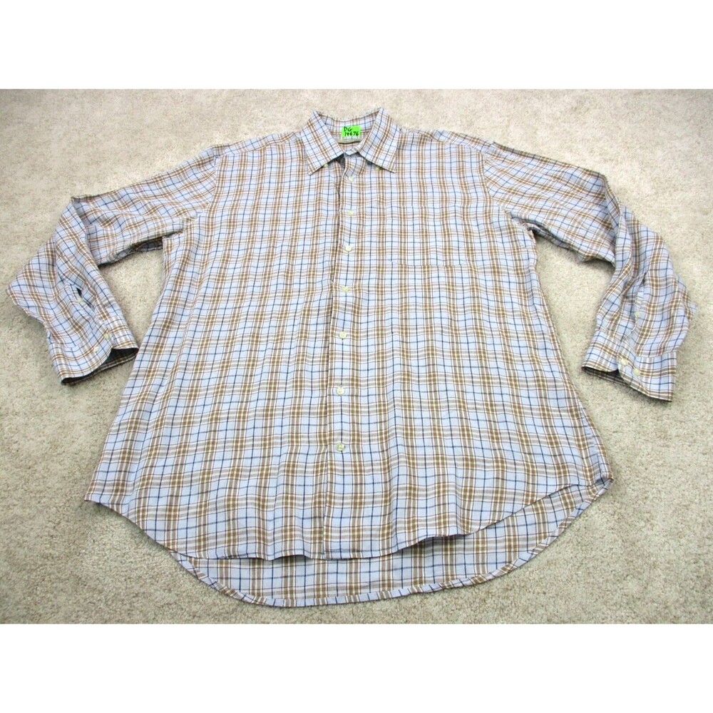 Peter Millar Shirt Adult Large Blue Brown Plaid Button Up Linen Cotton Mens